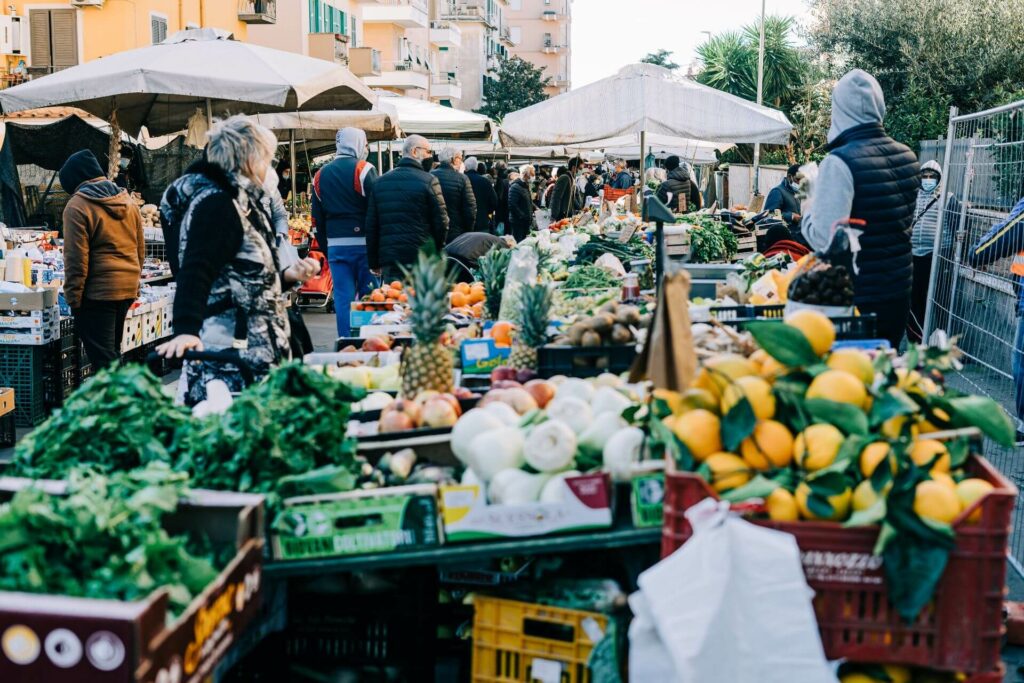 An outdoor fruit and vegetable market