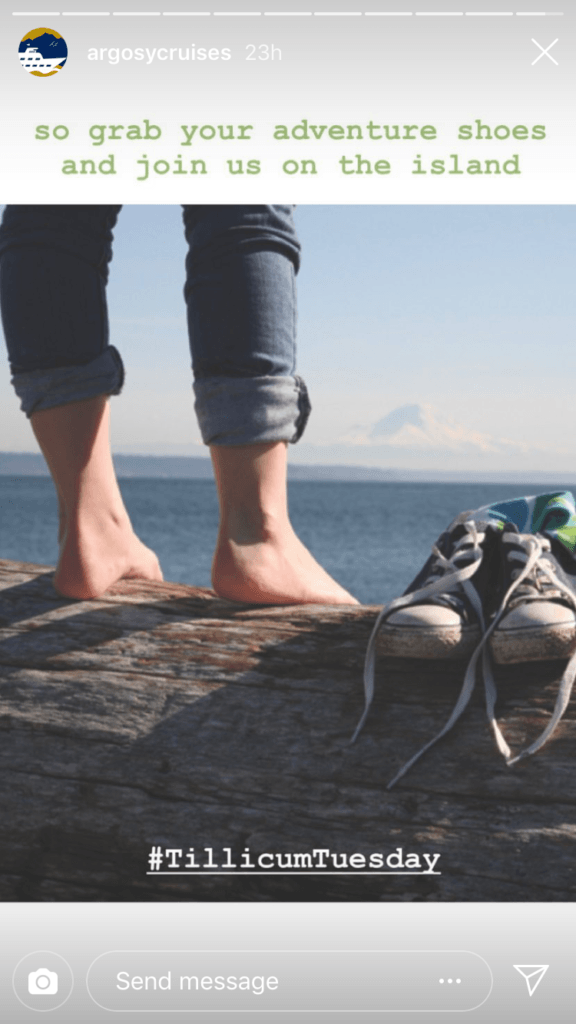 Sixth and final photo in the story with the caption 'so grab your adventure shoes and join us on the island' with the hashtag 'Tillicum Tuesday' atop a photo of a person's legs with their shoes off next to a pair of sneakers