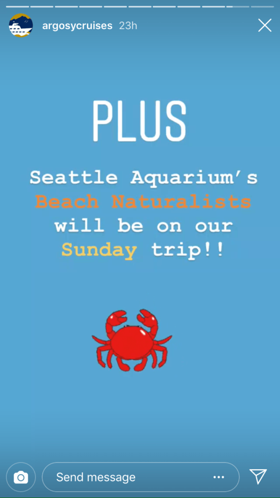 Fifth photo in the story with the caption 'PLUS Seattle Aquarium's Beach Naturalists will be on our Sunday trip' with a sticker of a crab