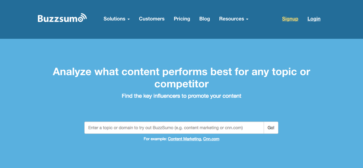 Screenshot of the Buzzsumo homepage which has a search bar allowing you to look at which content topics are most popular