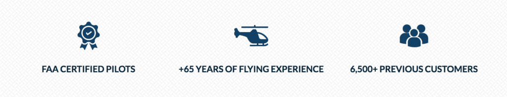 Hangar21 About page with icons above facts about the company such as their years of flying experience, FAA certifications, and amount of previous customers