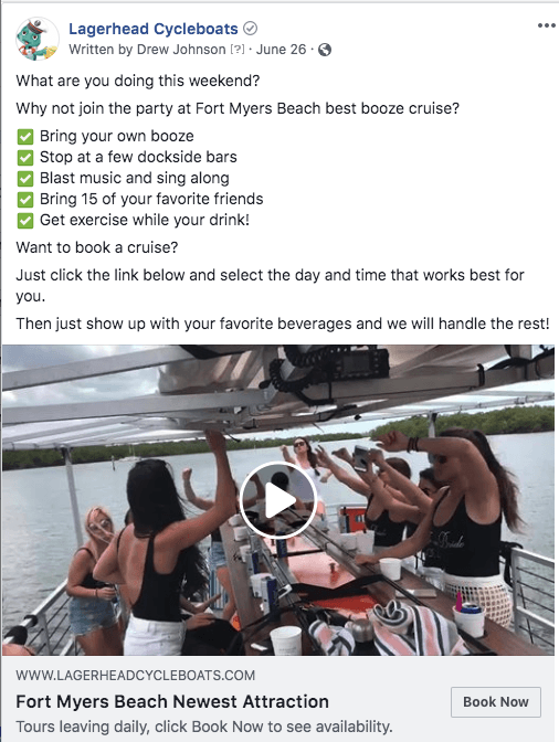 Lagerhead Cycleboats Facebook video ad with information about the Fort Myers Beach booze cruise