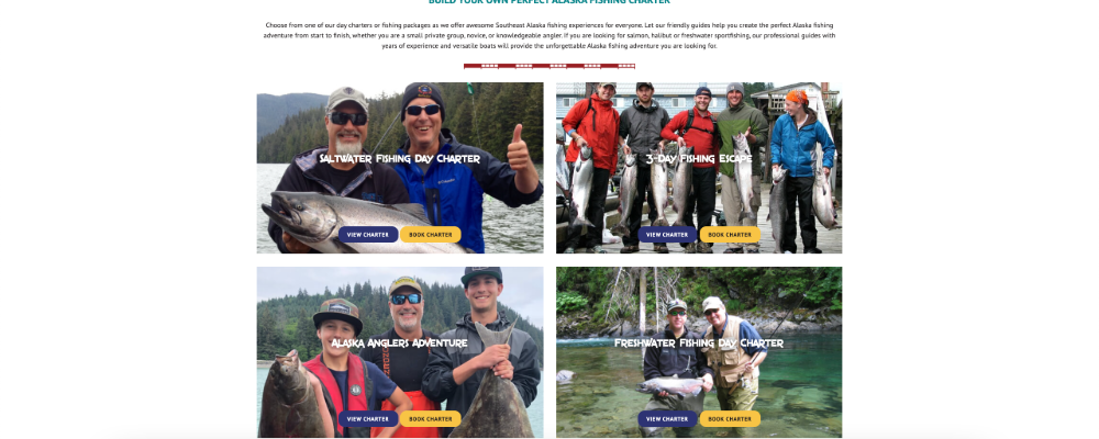 Screenshot of Wrangell Alaska Fishing Website with happy customers featured on the flexicards