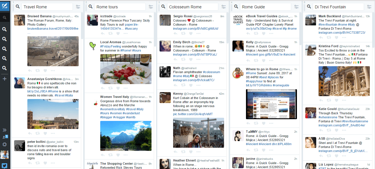 Five different columns of hashtags being followed on Tweet Deck